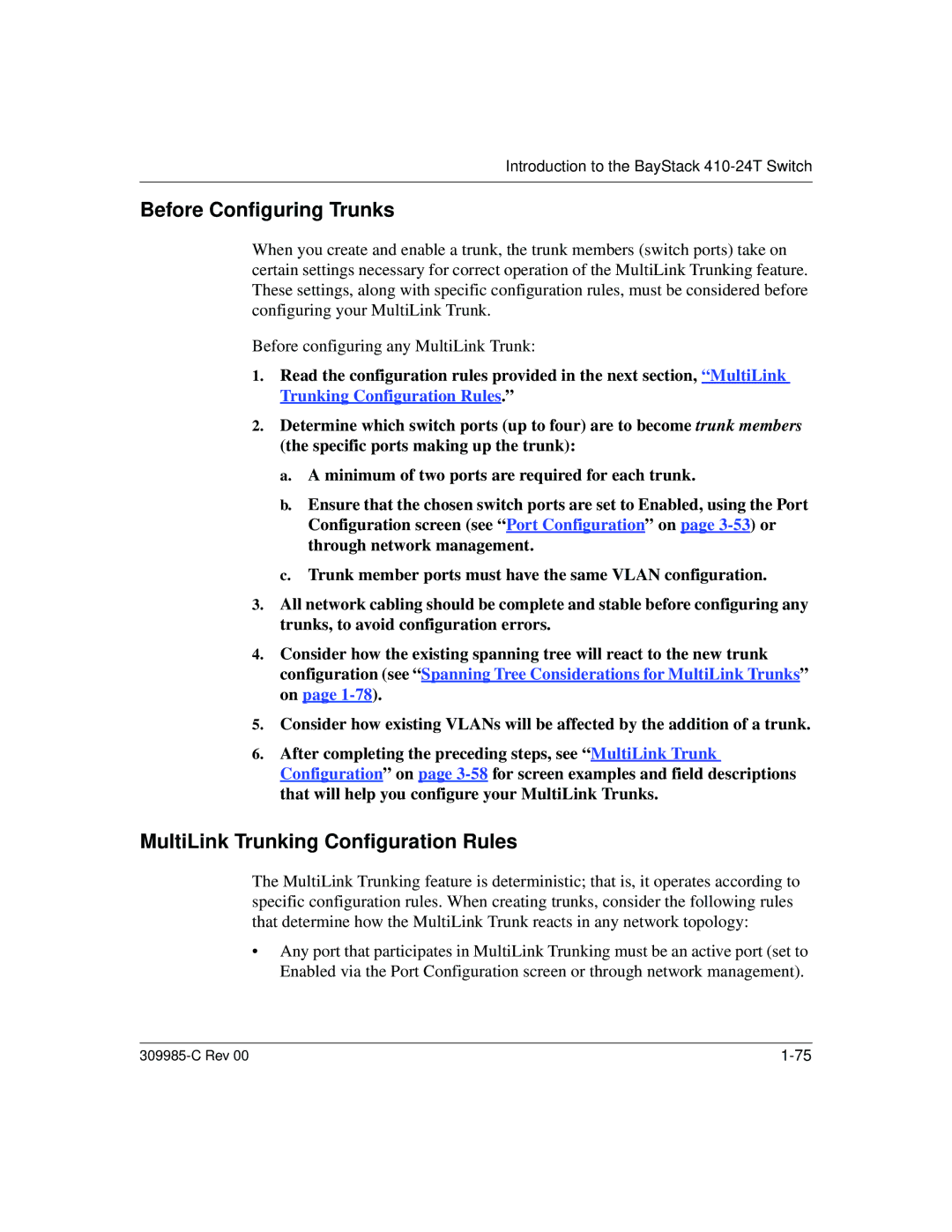 Nortel Networks 10BASE-T manual Before Configuring Trunks, MultiLink Trunking Configuration Rules 