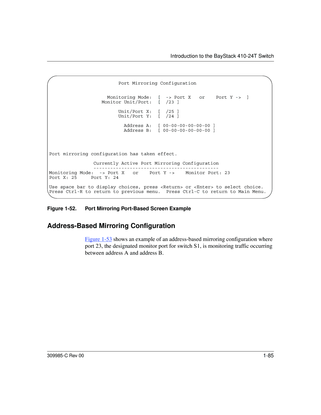 Nortel Networks 10BASE-T manual Address-Based Mirroring Configuration, Port Mirroring Port-Based Screen Example 