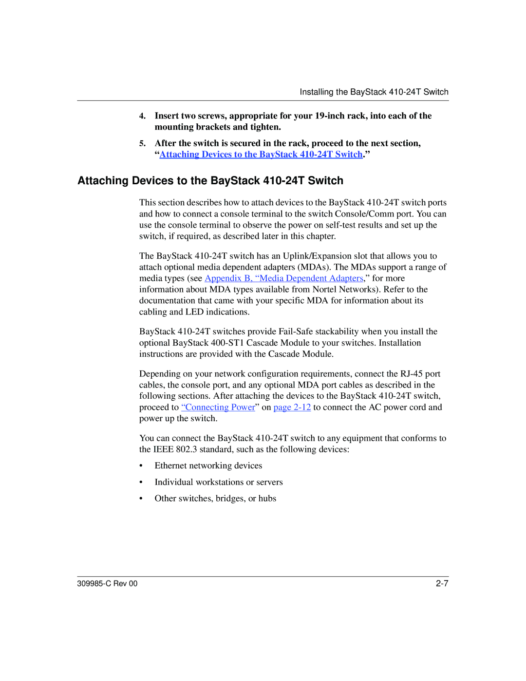 Nortel Networks 10BASE-T manual Attaching Devices to the BayStack 410-24T Switch 