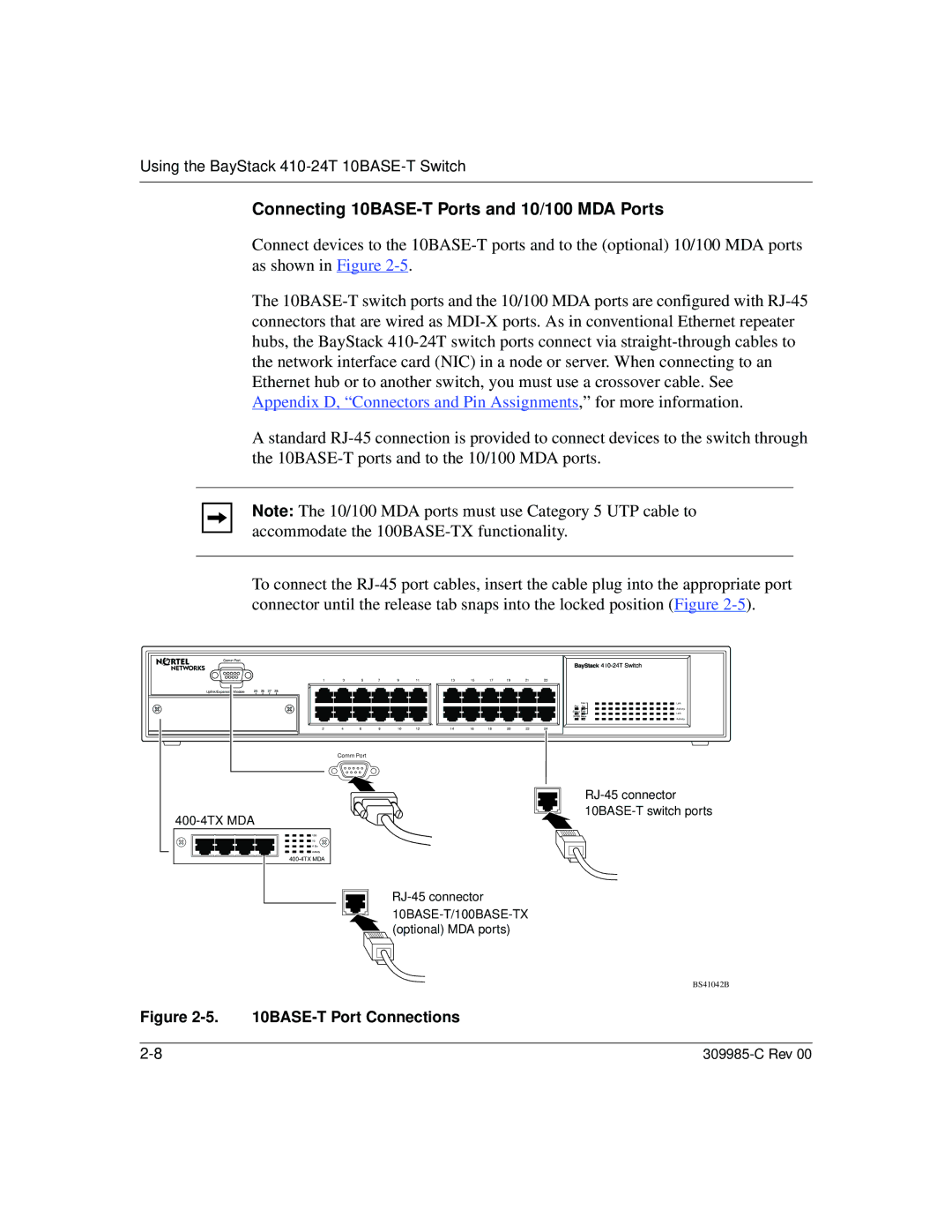 Nortel Networks manual Connecting 10BASE-T Ports and 10/100 MDA Ports, BASE-T Port Connections 