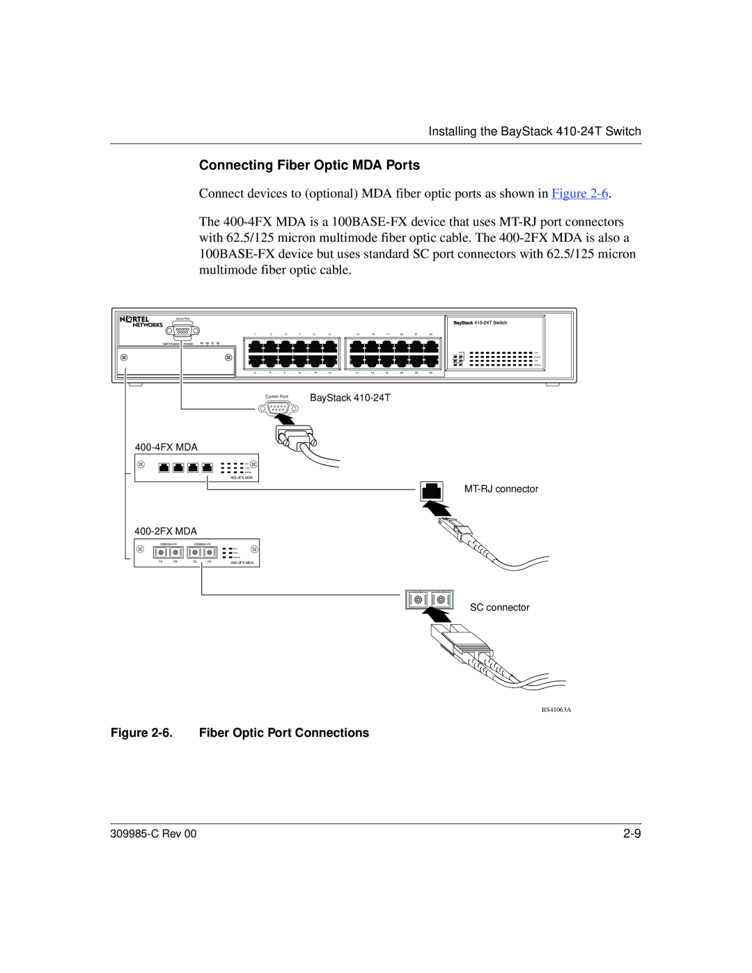 Nortel Networks 10BASE-T manual Connecting Fiber Optic MDA Ports, Fiber Optic Port Connections 