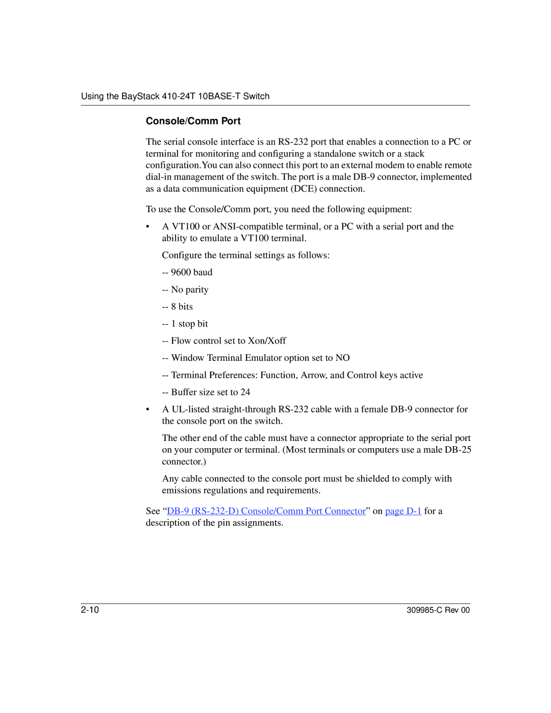 Nortel Networks 10BASE-T manual Console/Comm Port 