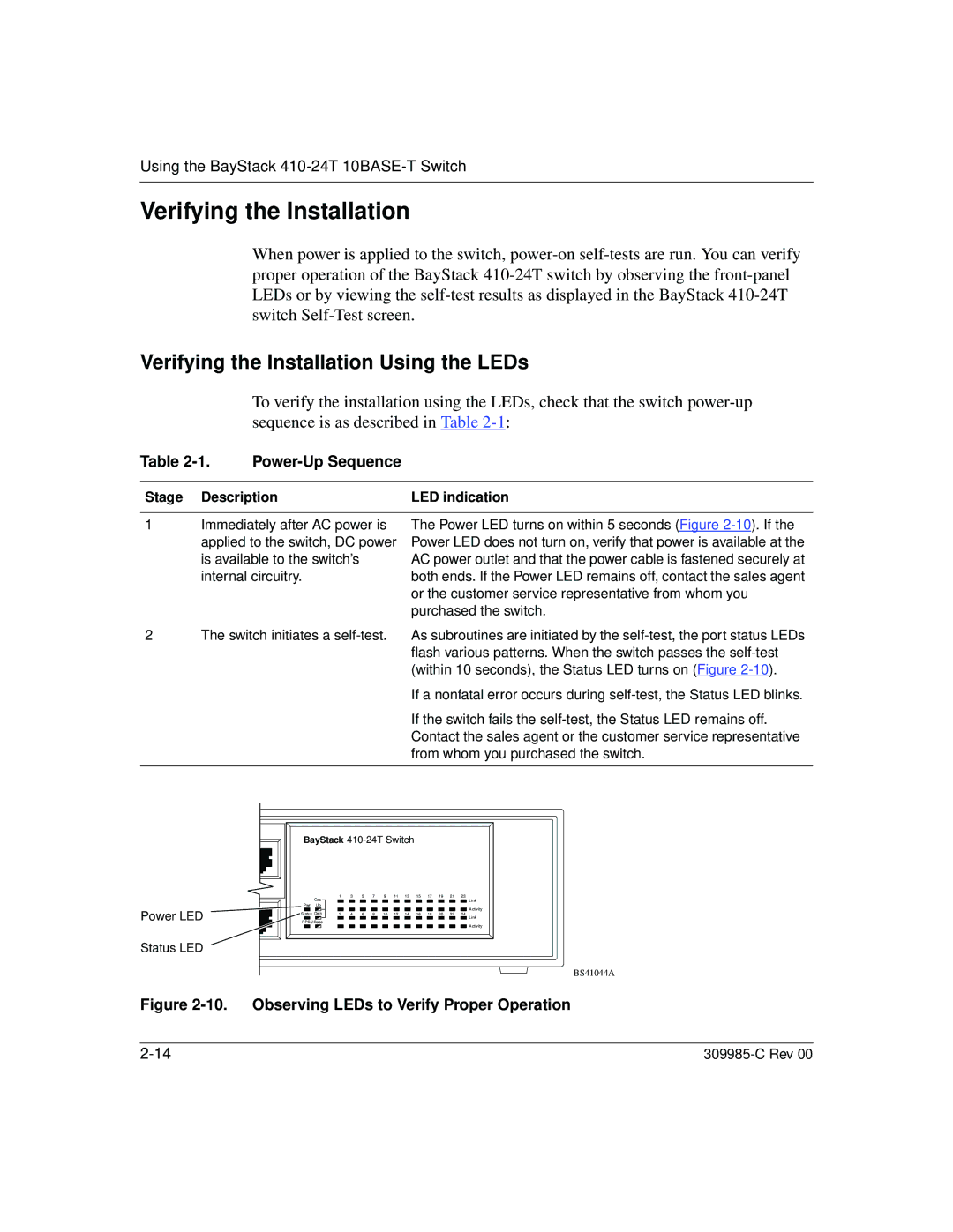 Nortel Networks 10BASE-T manual Verifying the Installation Using the LEDs, Power-Up Sequence 