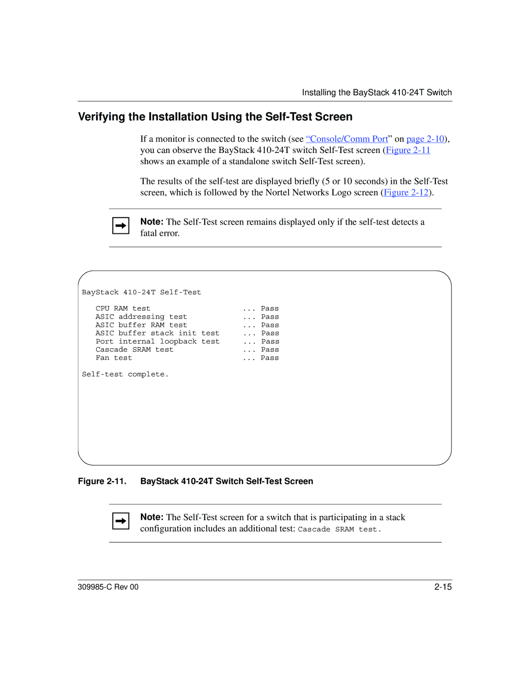 Nortel Networks 10BASE-T manual Verifying the Installation Using the Self-Test Screen 