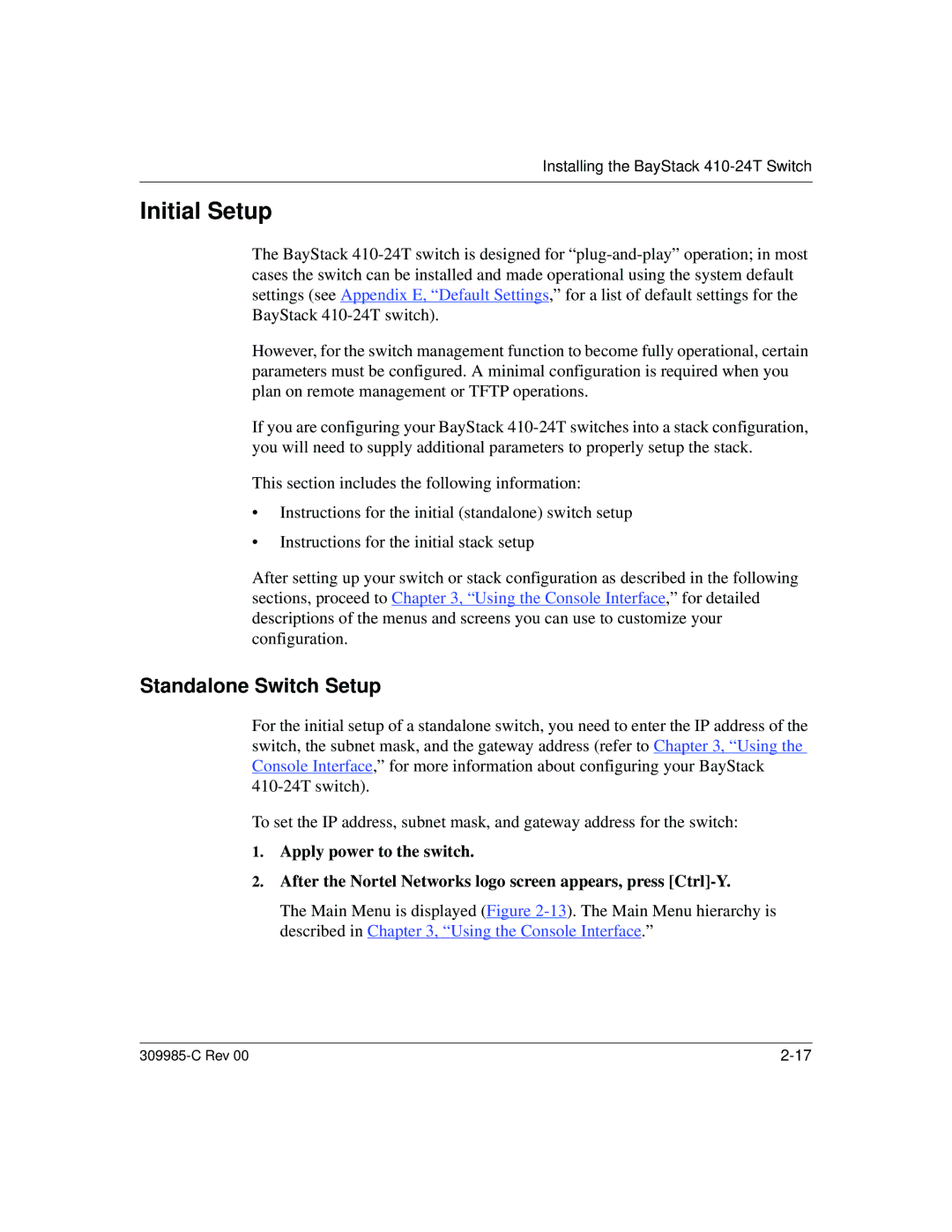 Nortel Networks 10BASE-T manual Initial Setup, Standalone Switch Setup 