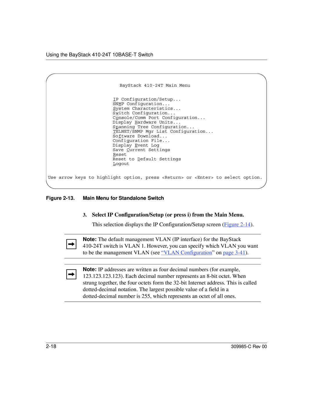 Nortel Networks 10BASE-T manual Main Menu for Standalone Switch 