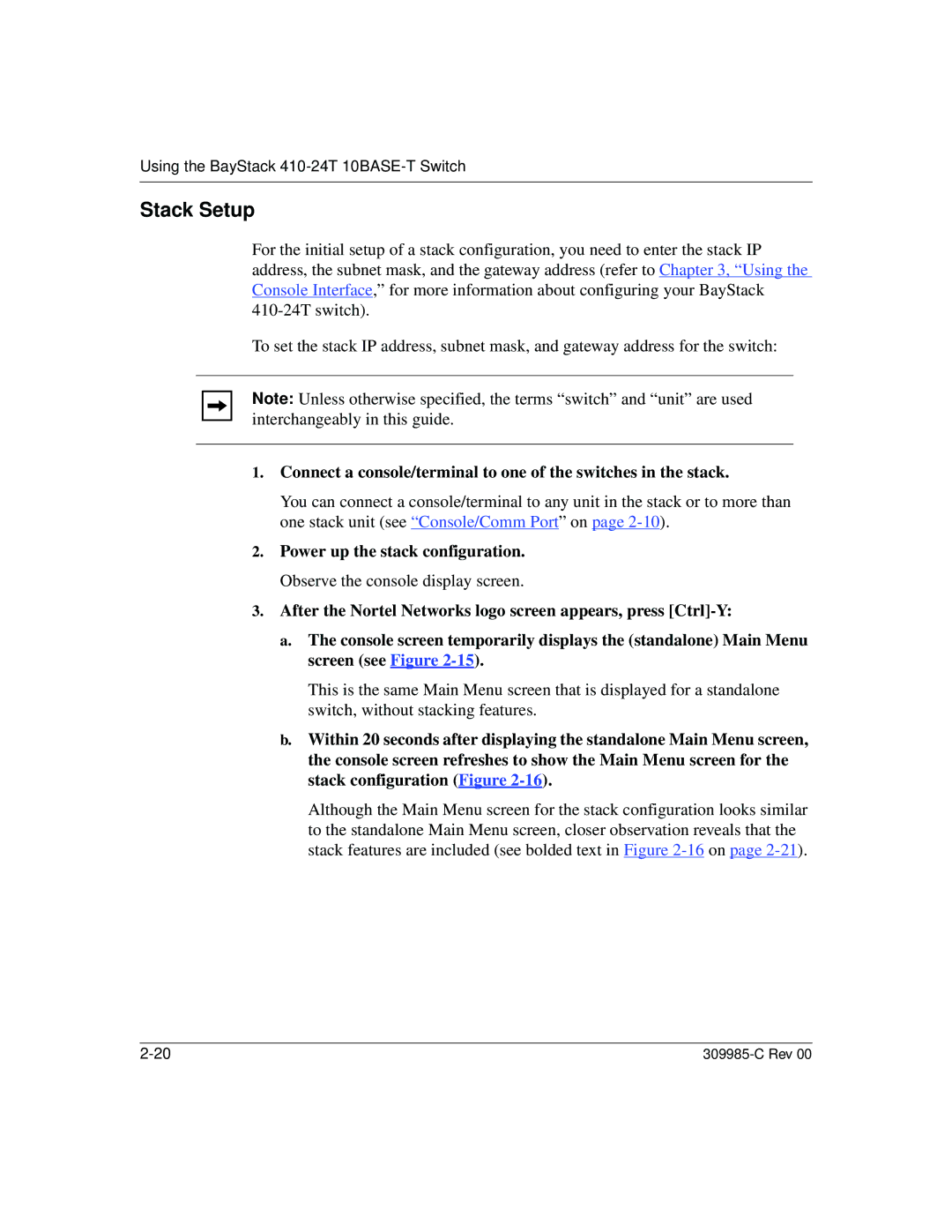 Nortel Networks 10BASE-T manual Stack Setup 