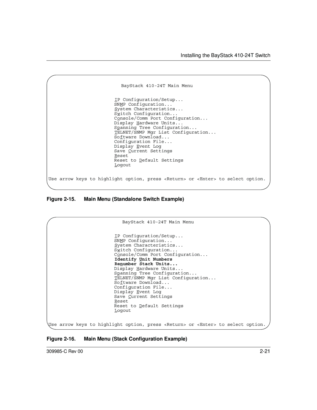 Nortel Networks 10BASE-T manual Main Menu Standalone Switch Example 