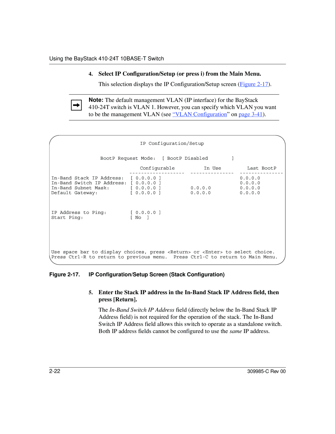 Nortel Networks 10BASE-T manual IP Configuration/Setup Screen Stack Configuration 