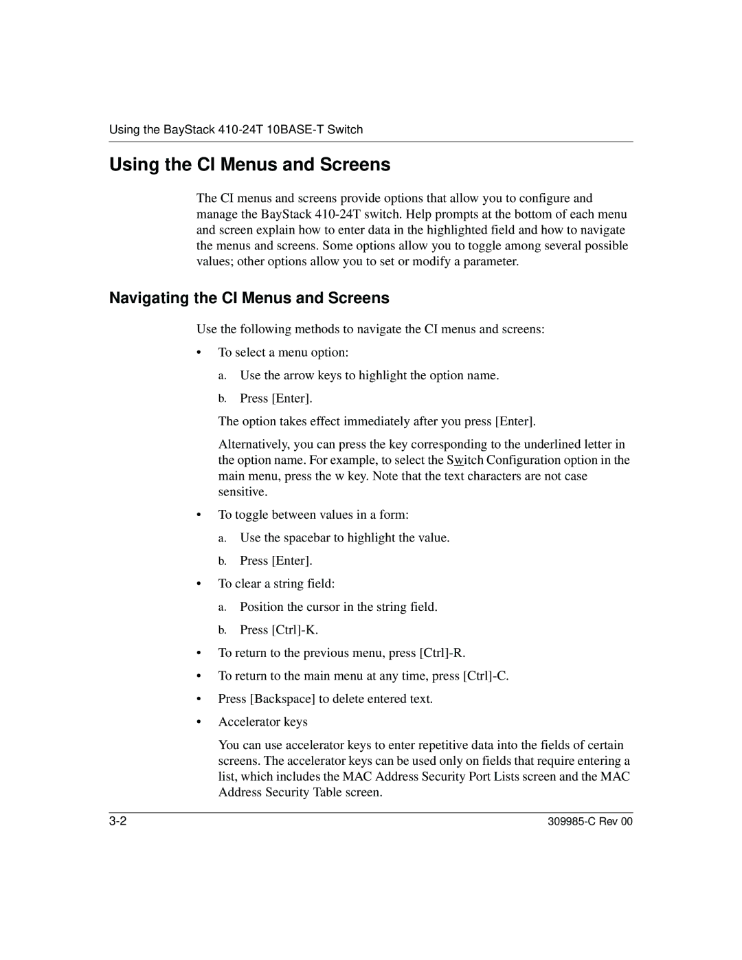 Nortel Networks 10BASE-T manual Using the CI Menus and Screens, Navigating the CI Menus and Screens 