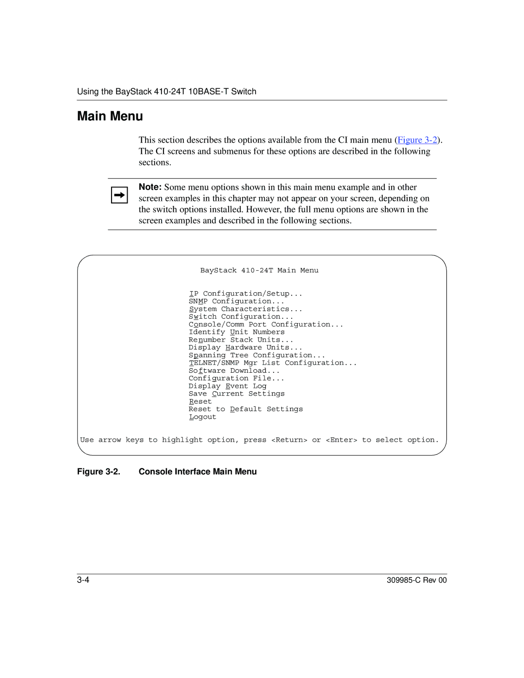 Nortel Networks 10BASE-T manual Console Interface Main Menu 