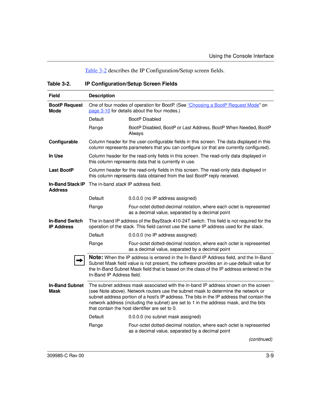 Nortel Networks 10BASE-T manual Describes the IP Configuration/Setup screen fields, IP Configuration/Setup Screen Fields 