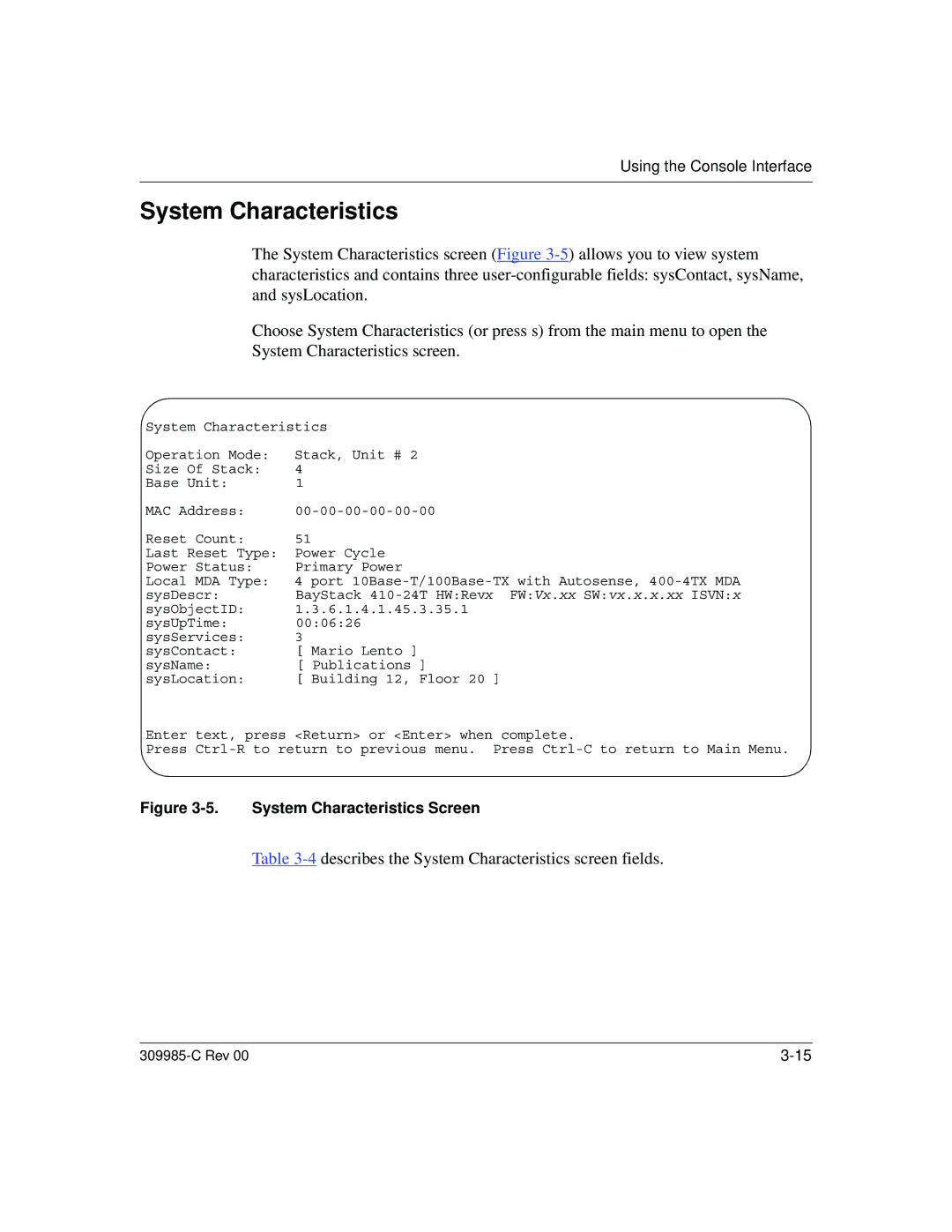 Nortel Networks 10BASE-T manual Describes the System Characteristics screen fields 