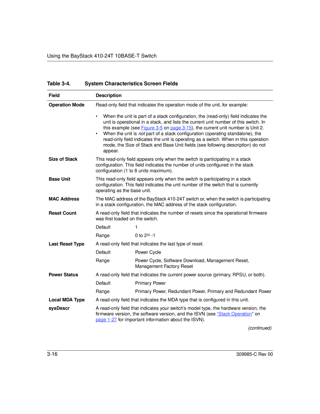 Nortel Networks 10BASE-T manual System Characteristics Screen Fields 