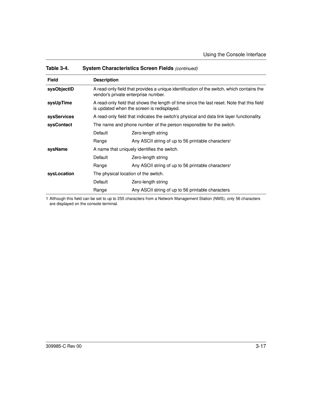 Nortel Networks 10BASE-T manual System Characteristics Screen Fields 