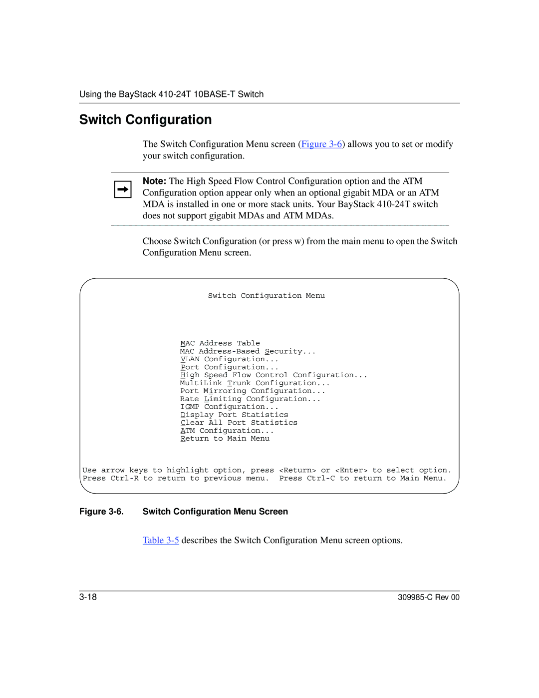 Nortel Networks 10BASE-T manual Describes the Switch Configuration Menu screen options 