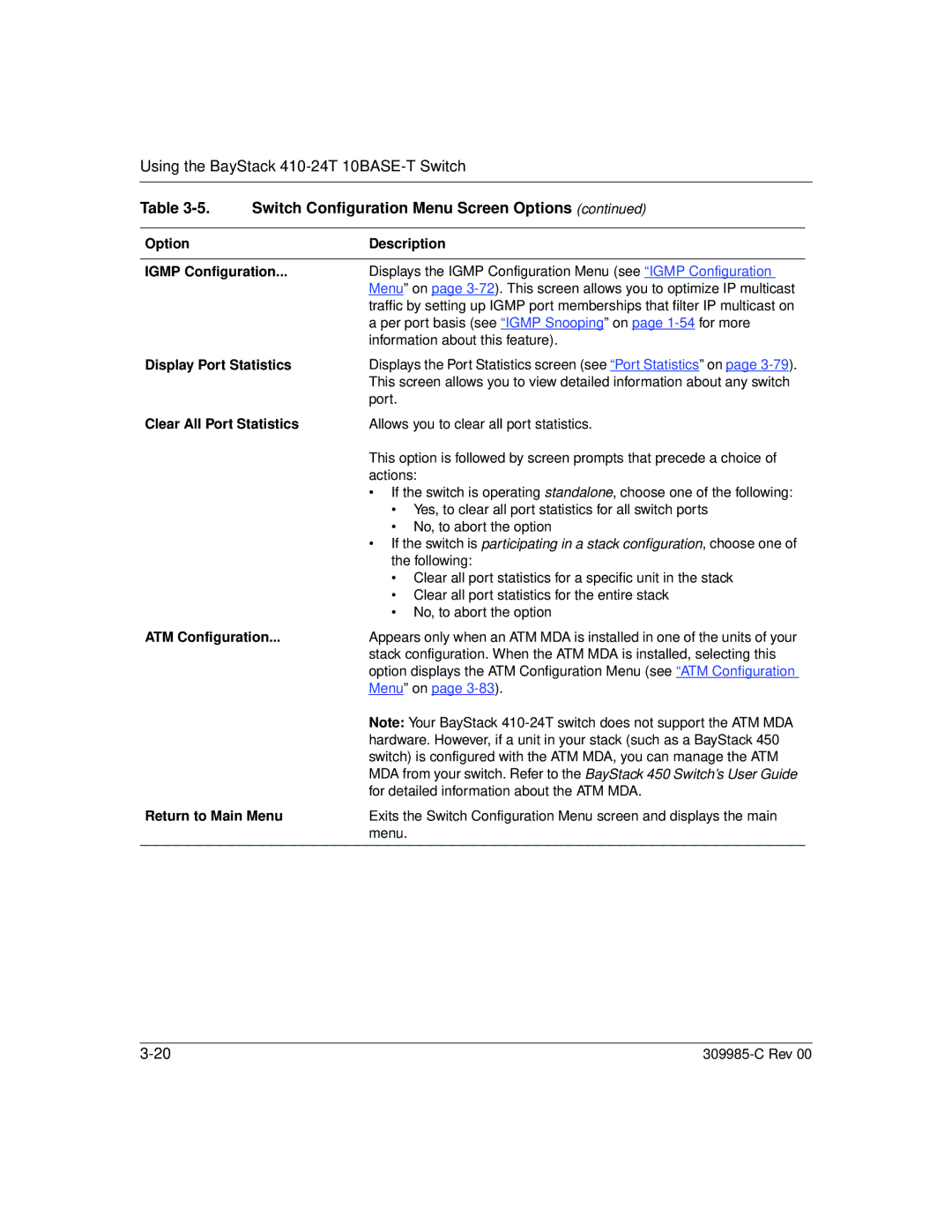 Nortel Networks 10BASE-T manual Switch Configuration Menu Screen Options 