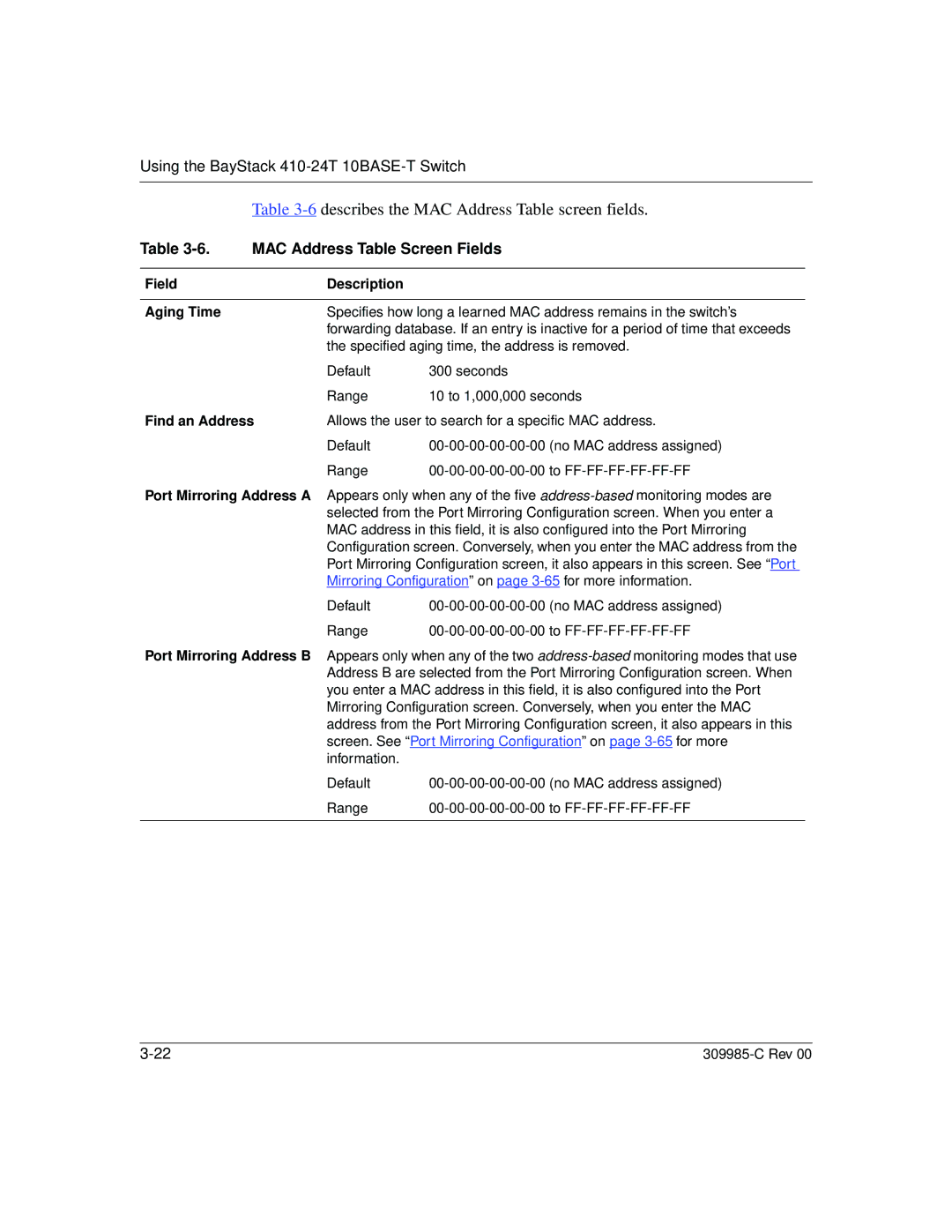 Nortel Networks 10BASE-T Describes the MAC Address Table screen fields, MAC Address Table Screen Fields, Find an Address 