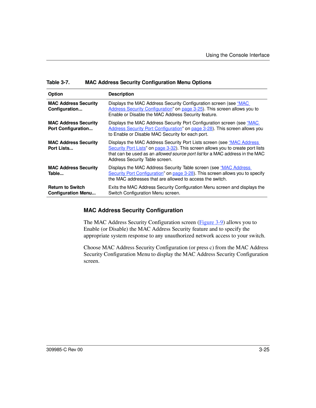 Nortel Networks 10BASE-T manual MAC Address Security Configuration Menu Options 