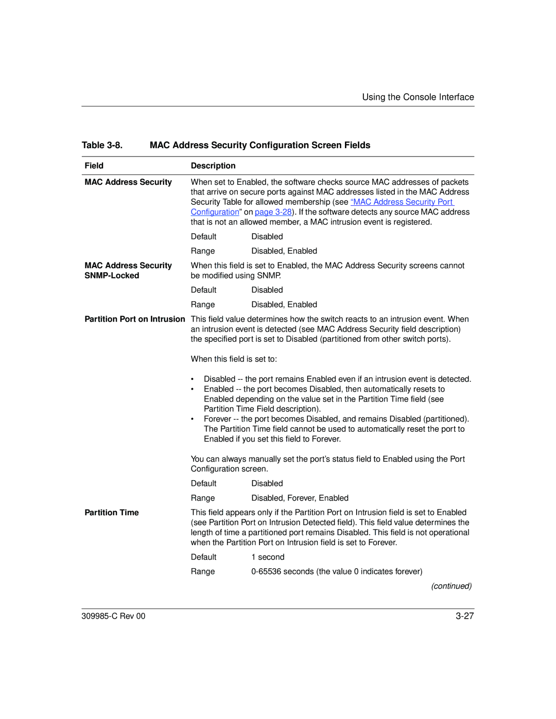 Nortel Networks 10BASE-T manual MAC Address Security Configuration Screen Fields, Field Description MAC Address Security 