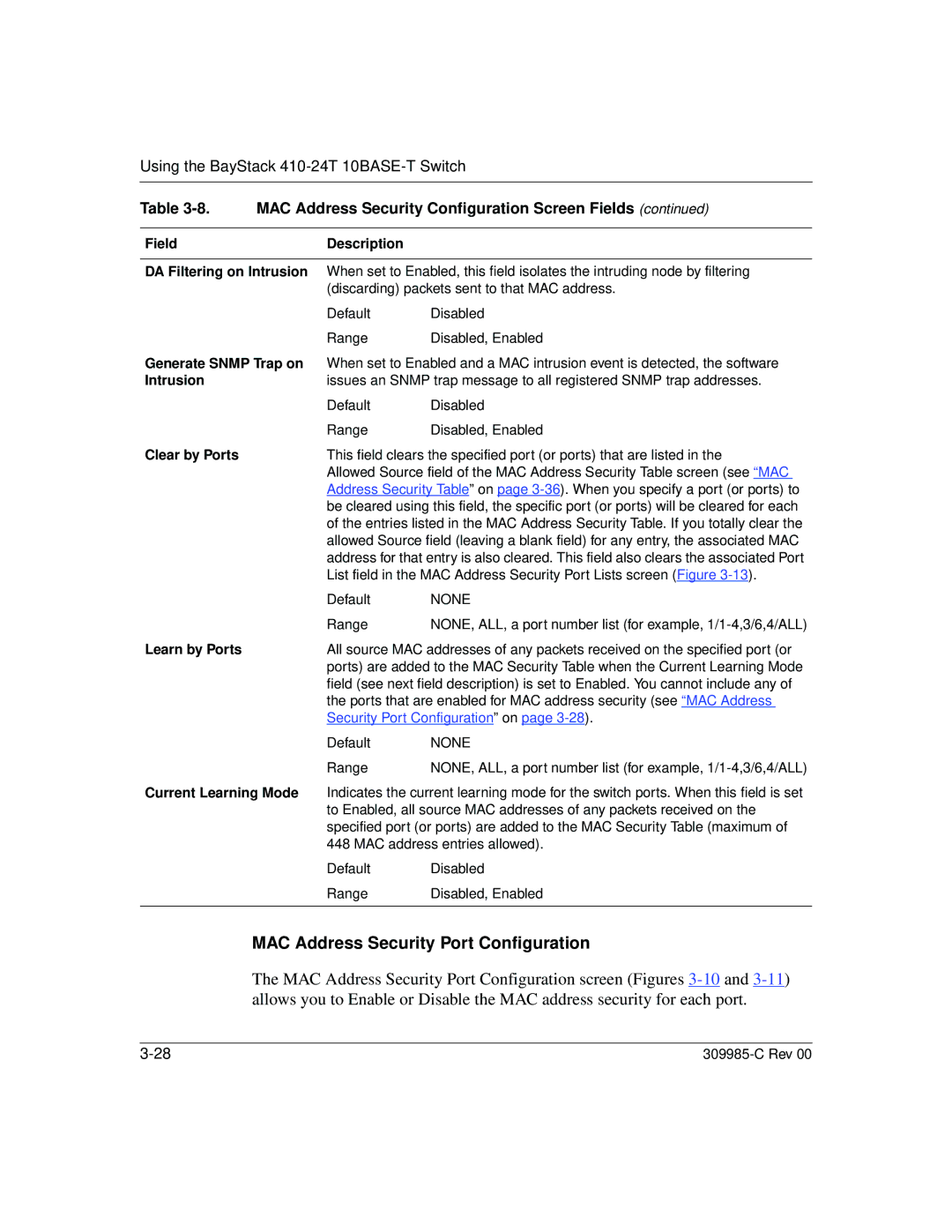 Nortel Networks 10BASE-T manual MAC Address Security Port Configuration 