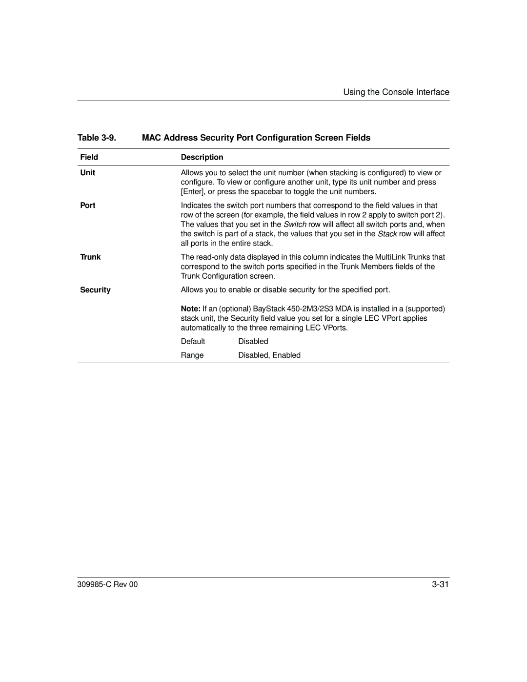 Nortel Networks 10BASE-T manual MAC Address Security Port Configuration Screen Fields, Field Description Unit, Trunk 