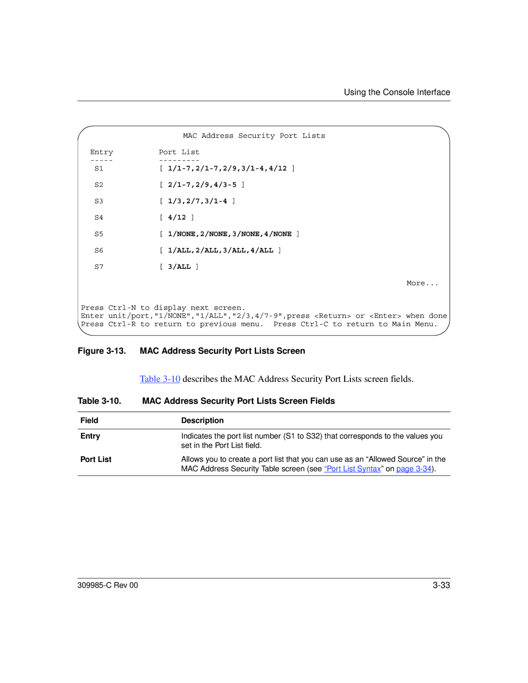 Nortel Networks 10BASE-T manual MAC Address Security Port Lists Screen Fields, Field Description Entry 