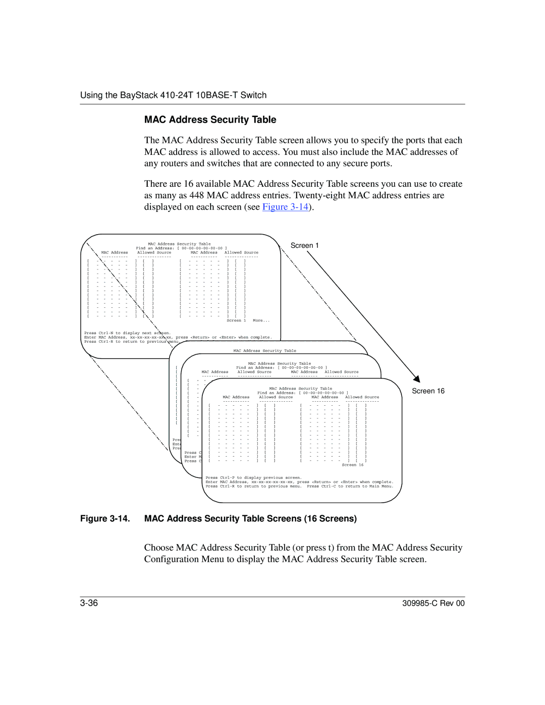 Nortel Networks 10BASE-T manual MAC Address Security Table Screens 16 Screens 