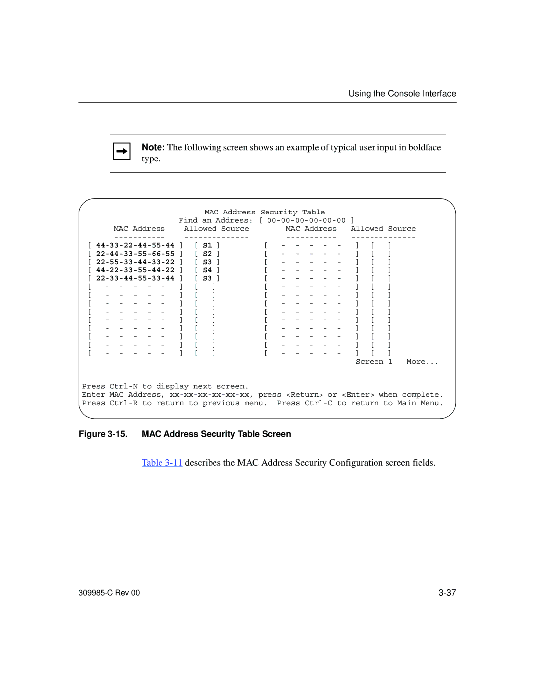 Nortel Networks 10BASE-T manual MAC Address Security Table Screen 