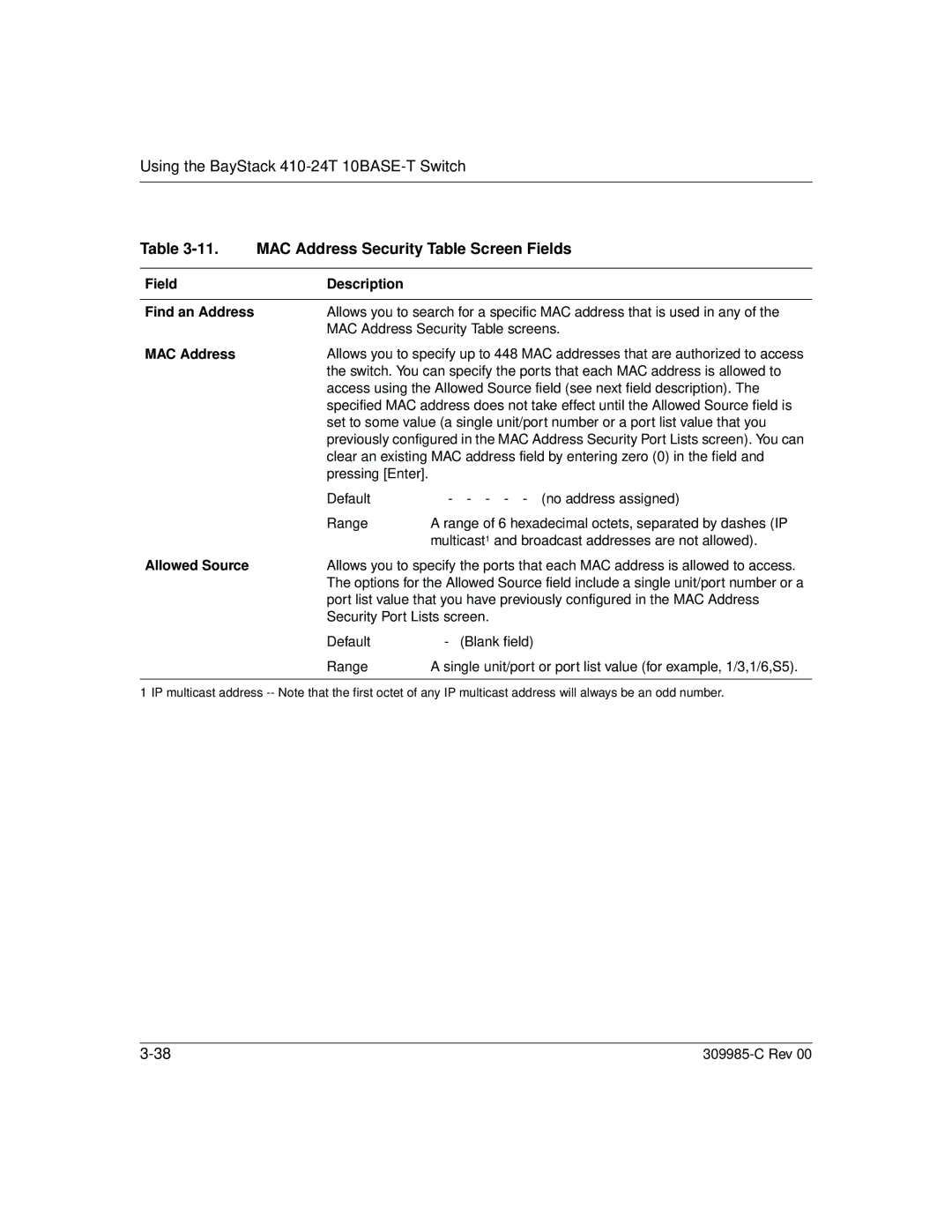 Nortel Networks 10BASE-T manual MAC Address Security Table Screen Fields, Field Description Find an Address, Allowed Source 