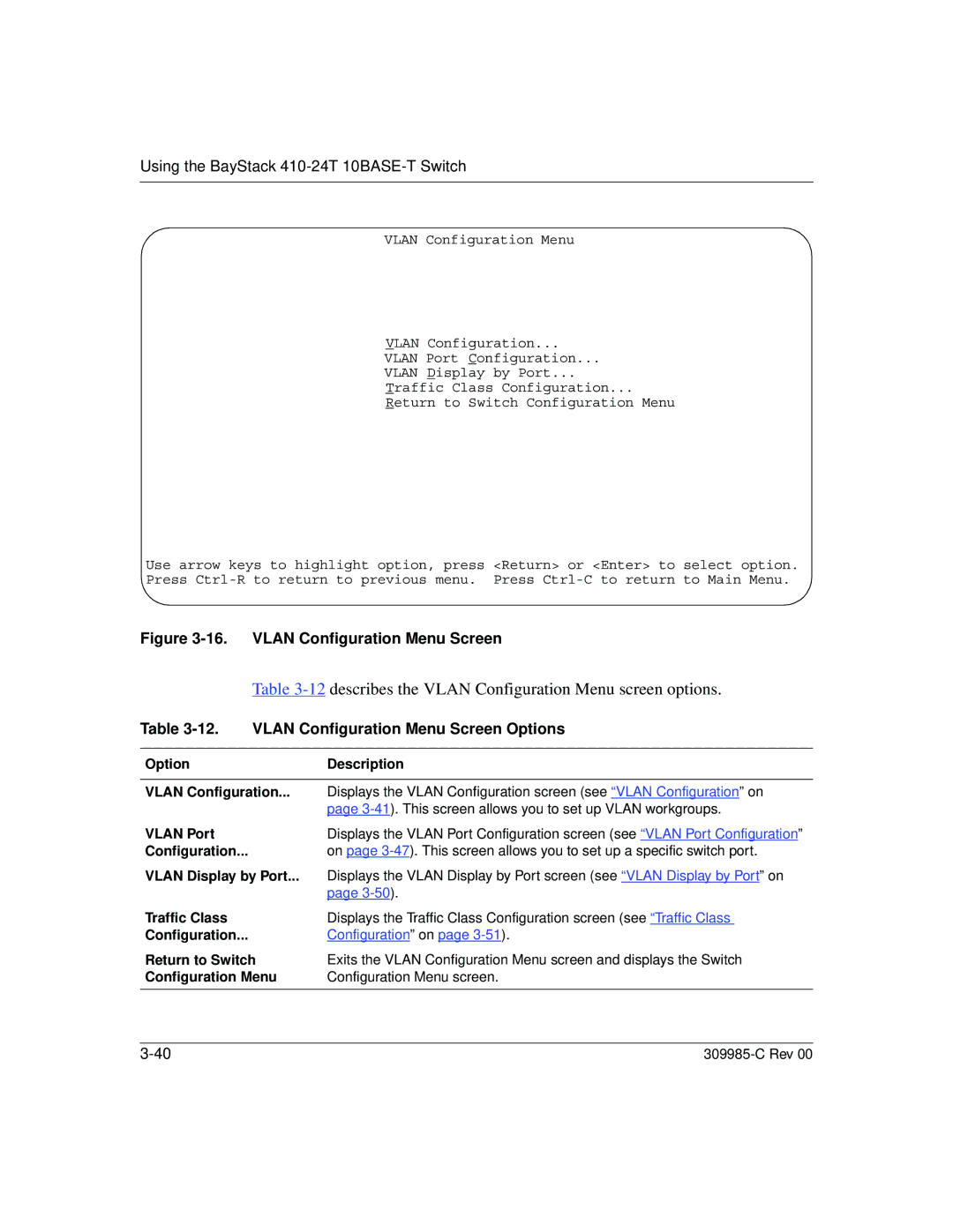 Nortel Networks 10BASE-T describes the Vlan Configuration Menu screen options, Vlan Configuration Menu Screen Options 