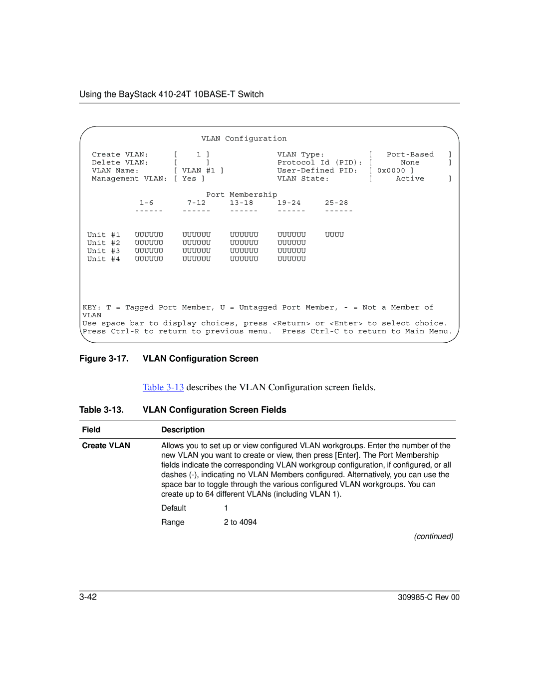 Nortel Networks 10BASE-T manual describes the Vlan Configuration screen fields, Vlan Configuration Screen Fields 