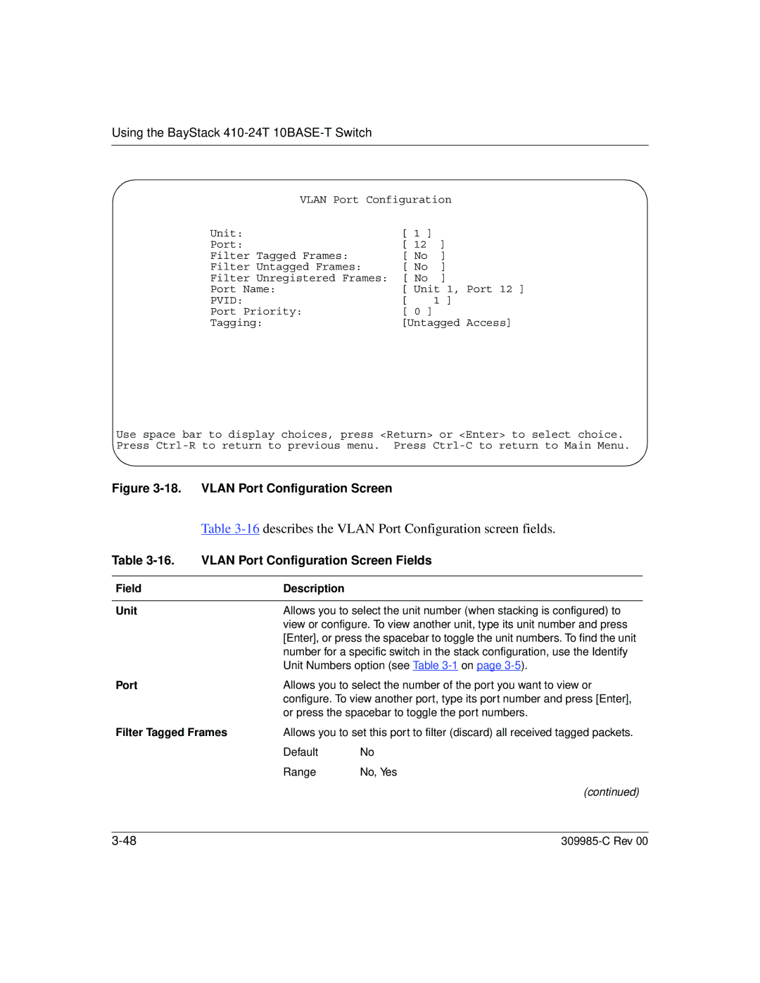 Nortel Networks 10BASE-T manual describes the Vlan Port Configuration screen fields, Vlan Port Configuration Screen Fields 