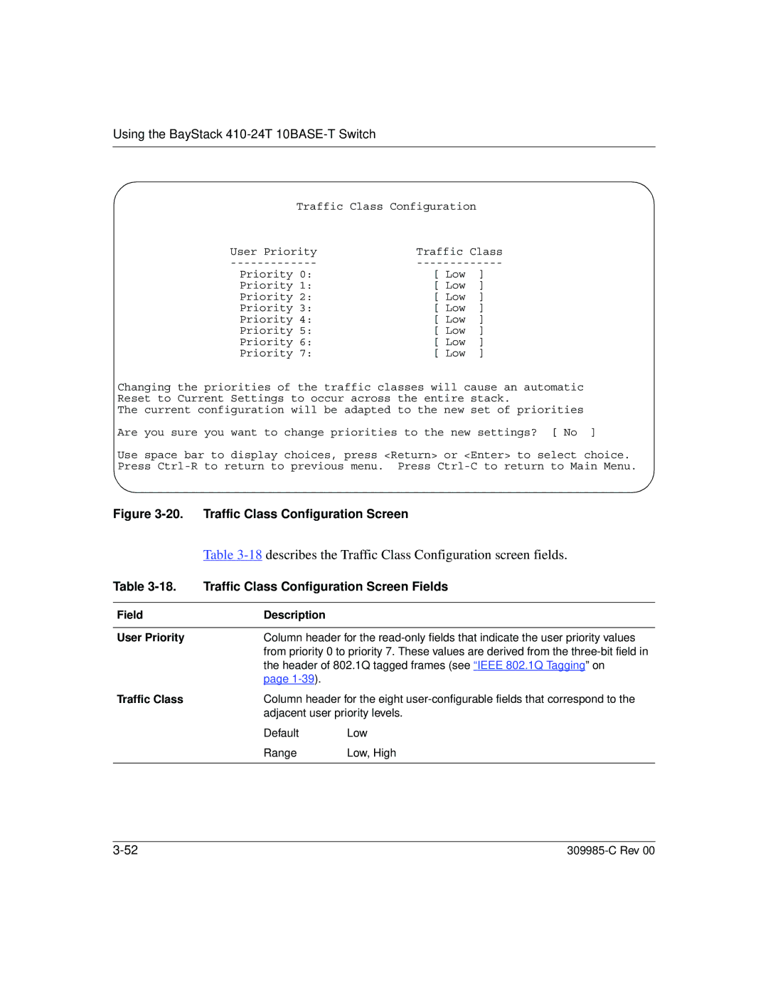 Nortel Networks 10BASE-T manual describes the Traffic Class Configuration screen fields, Field Description User Priority 