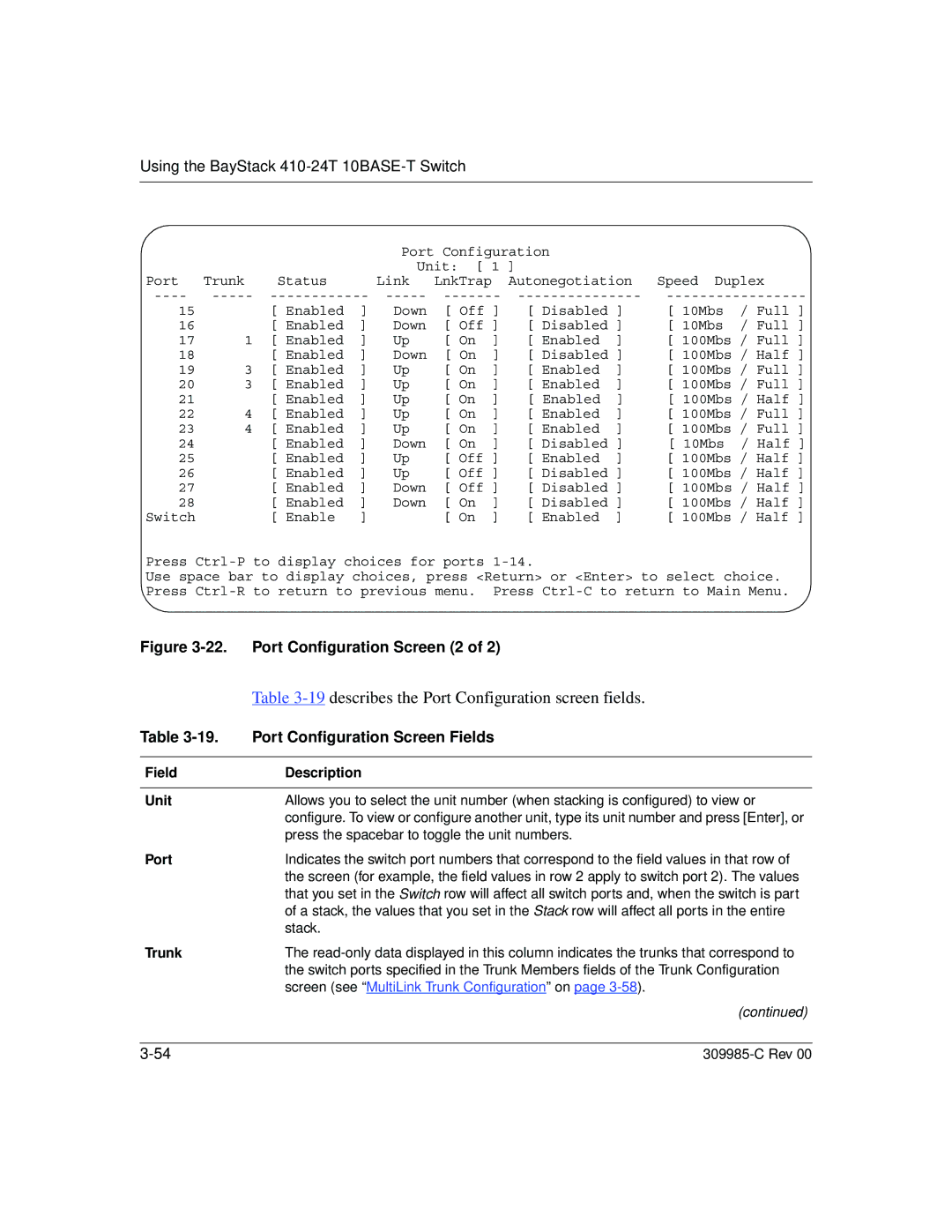 Nortel Networks 10BASE-T manual describes the Port Configuration screen fields, Port Configuration Screen Fields 