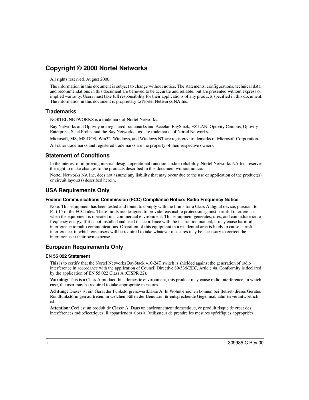 Nortel Networks 10BASE-T manual Copyright 2000 Nortel Networks, Trademarks, Statement of Conditions, USA Requirements Only 