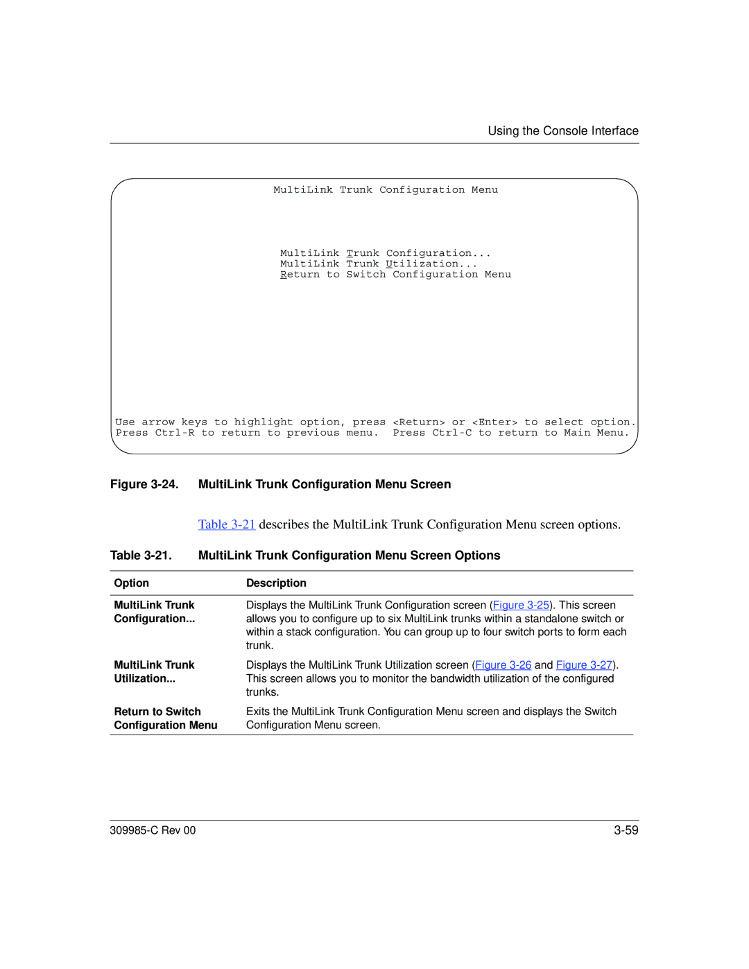 Nortel Networks 10BASE-T manual MultiLink Trunk Configuration Menu Screen Options, Option Description MultiLink Trunk 