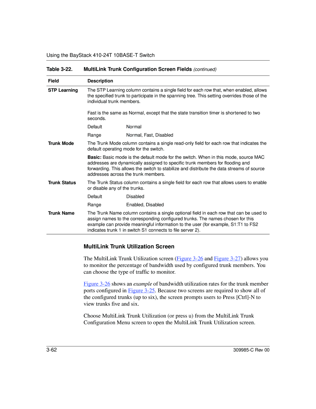 Nortel Networks 10BASE-T manual MultiLink Trunk Utilization Screen, MultiLink Trunk Configuration Screen Fields 