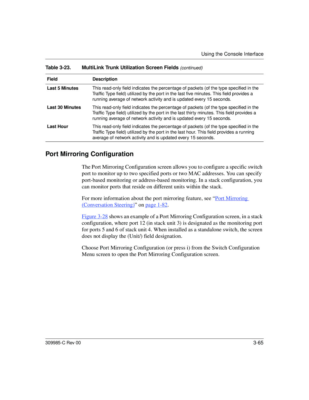 Nortel Networks 10BASE-T manual Port Mirroring Configuration, MultiLink Trunk Utilization Screen Fields, Last 30 Minutes 