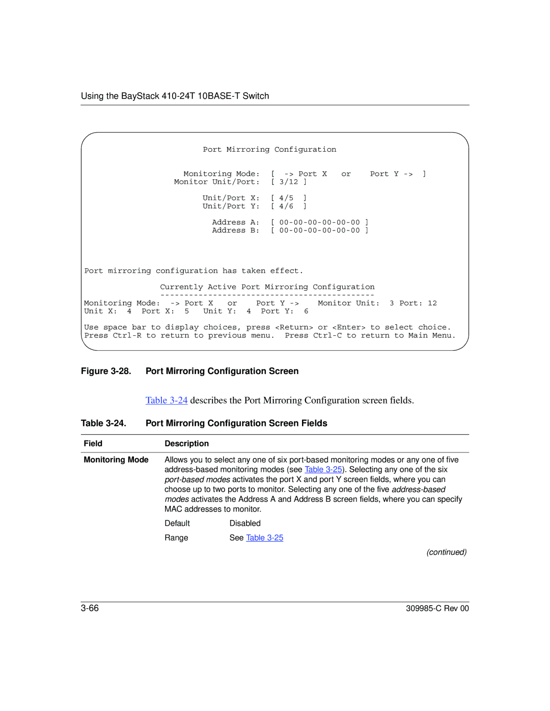 Nortel Networks 10BASE-T manual describes the Port Mirroring Configuration screen fields 