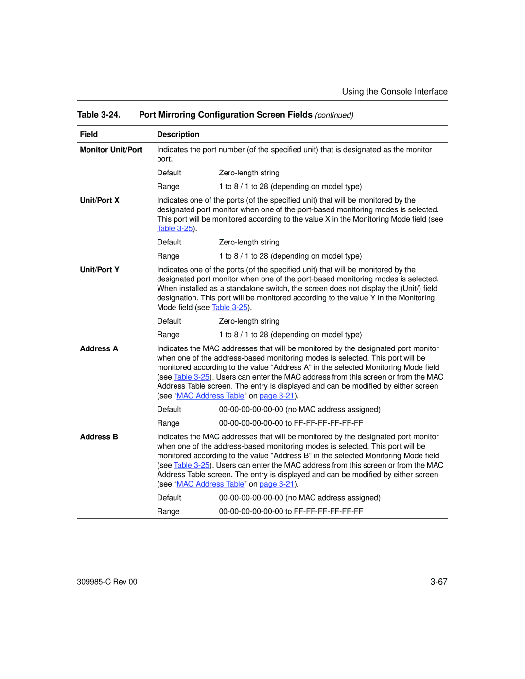 Nortel Networks 10BASE-T manual Field Description Monitor Unit/Port, Unit/Port Y, Address a, Address B 