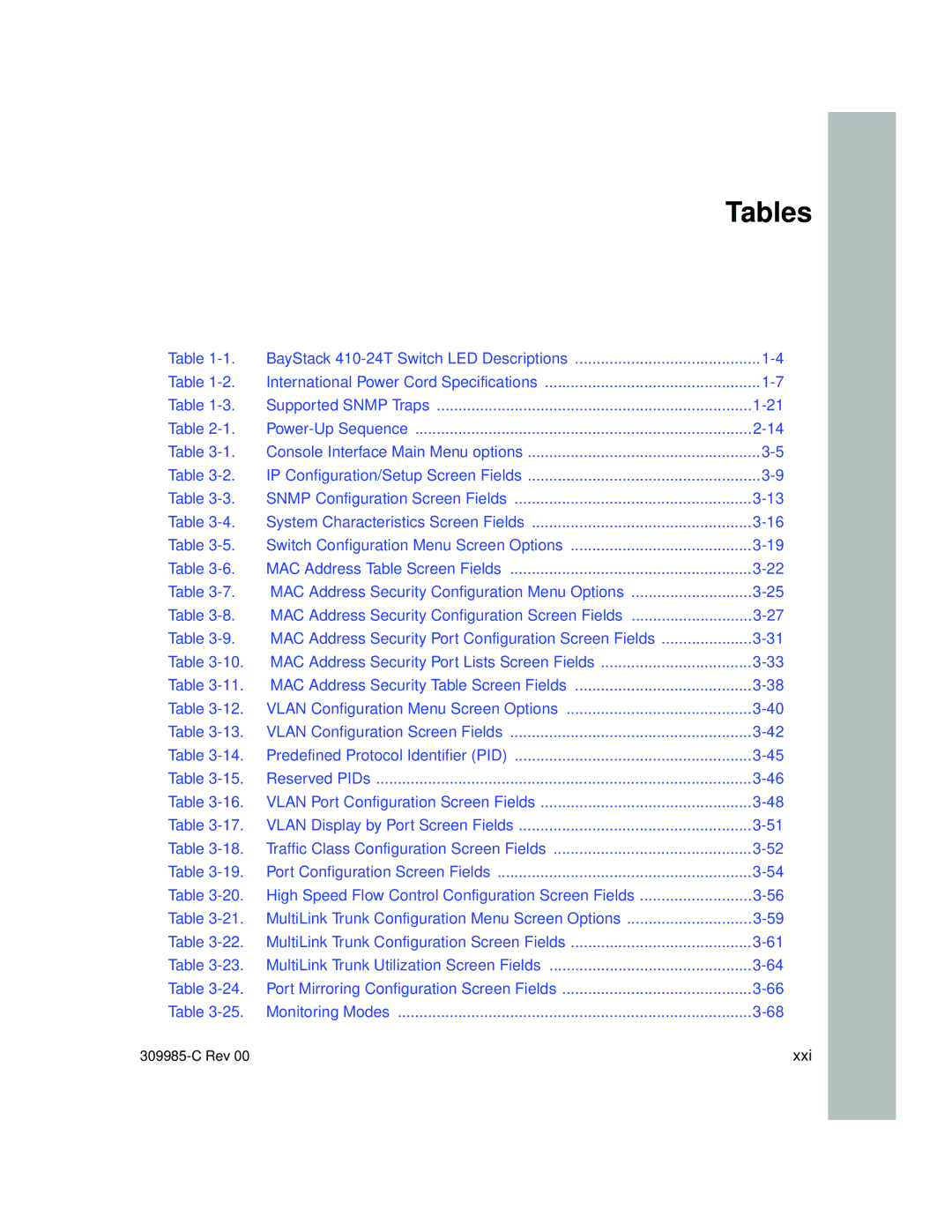 Nortel Networks 10BASE-T manual Tables 