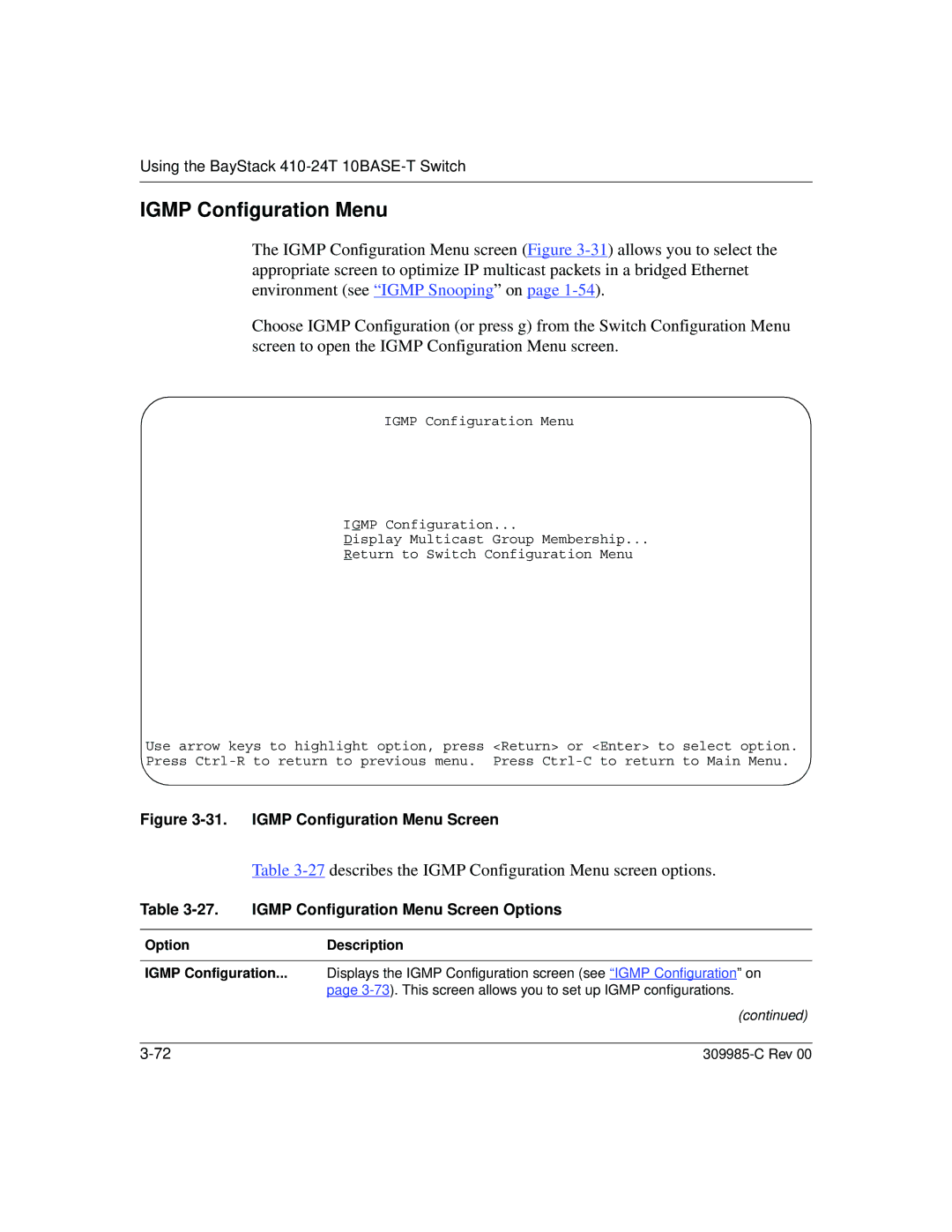 Nortel Networks 10BASE-T describes the Igmp Configuration Menu screen options, Igmp Configuration Menu Screen Options 