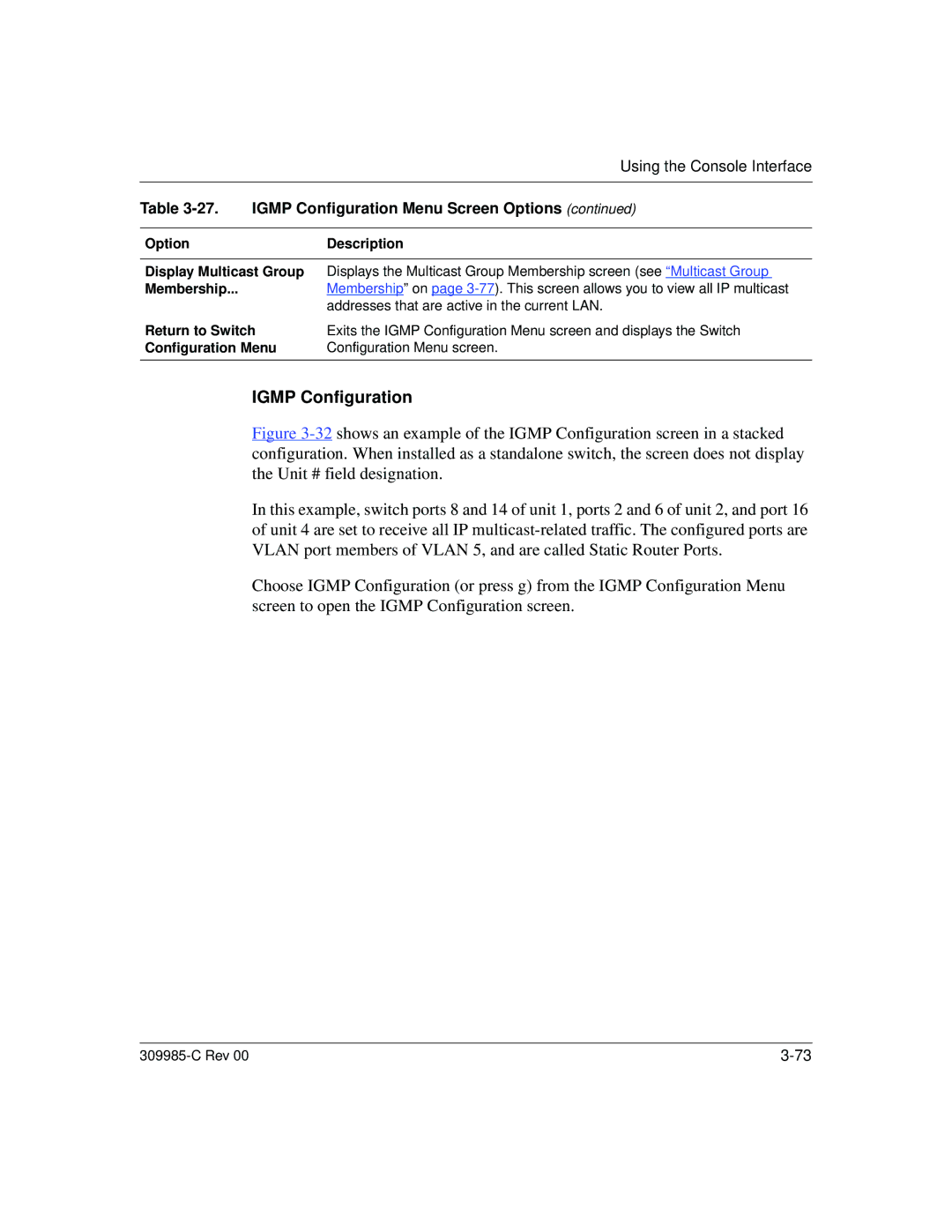 Nortel Networks 10BASE-T manual Igmp Configuration, Option Description Display Multicast Group, Membership 