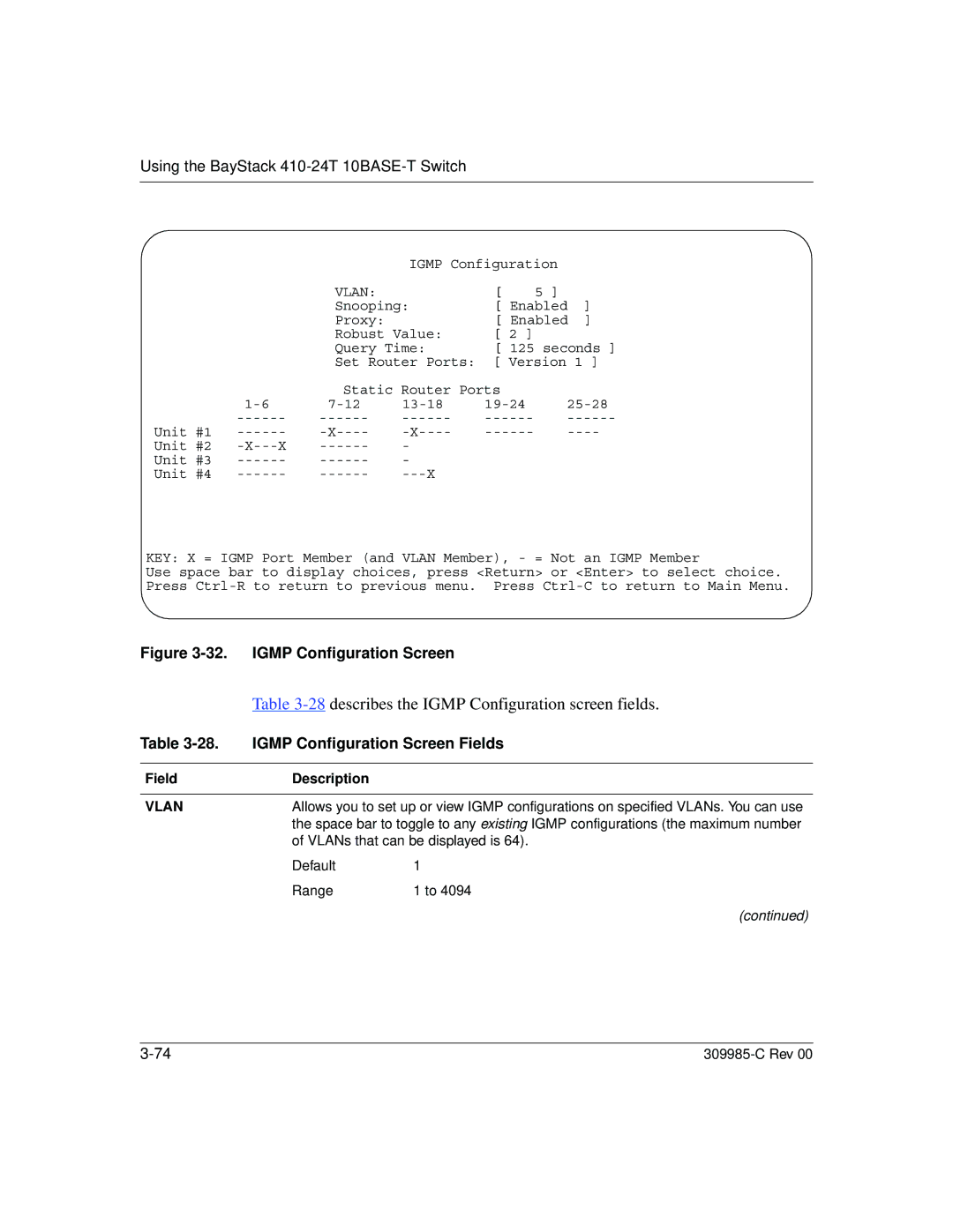 Nortel Networks 10BASE-T manual describes the Igmp Configuration screen fields, Igmp Configuration Screen Fields 