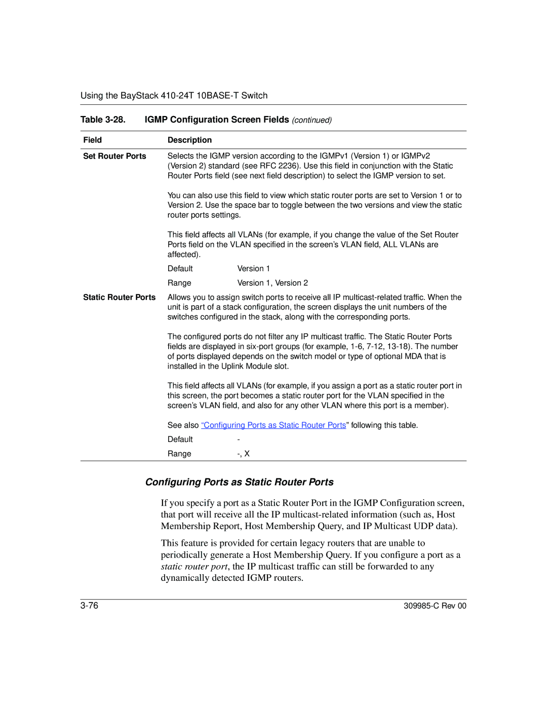 Nortel Networks 10BASE-T manual Configuring Ports as Static Router Ports, Igmp Configuration Screen Fields 