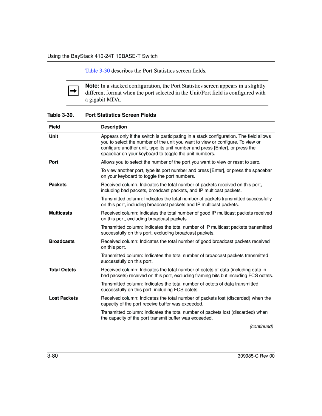 Nortel Networks 10BASE-T manual describes the Port Statistics screen fields, Gigabit MDA, Port Statistics Screen Fields 