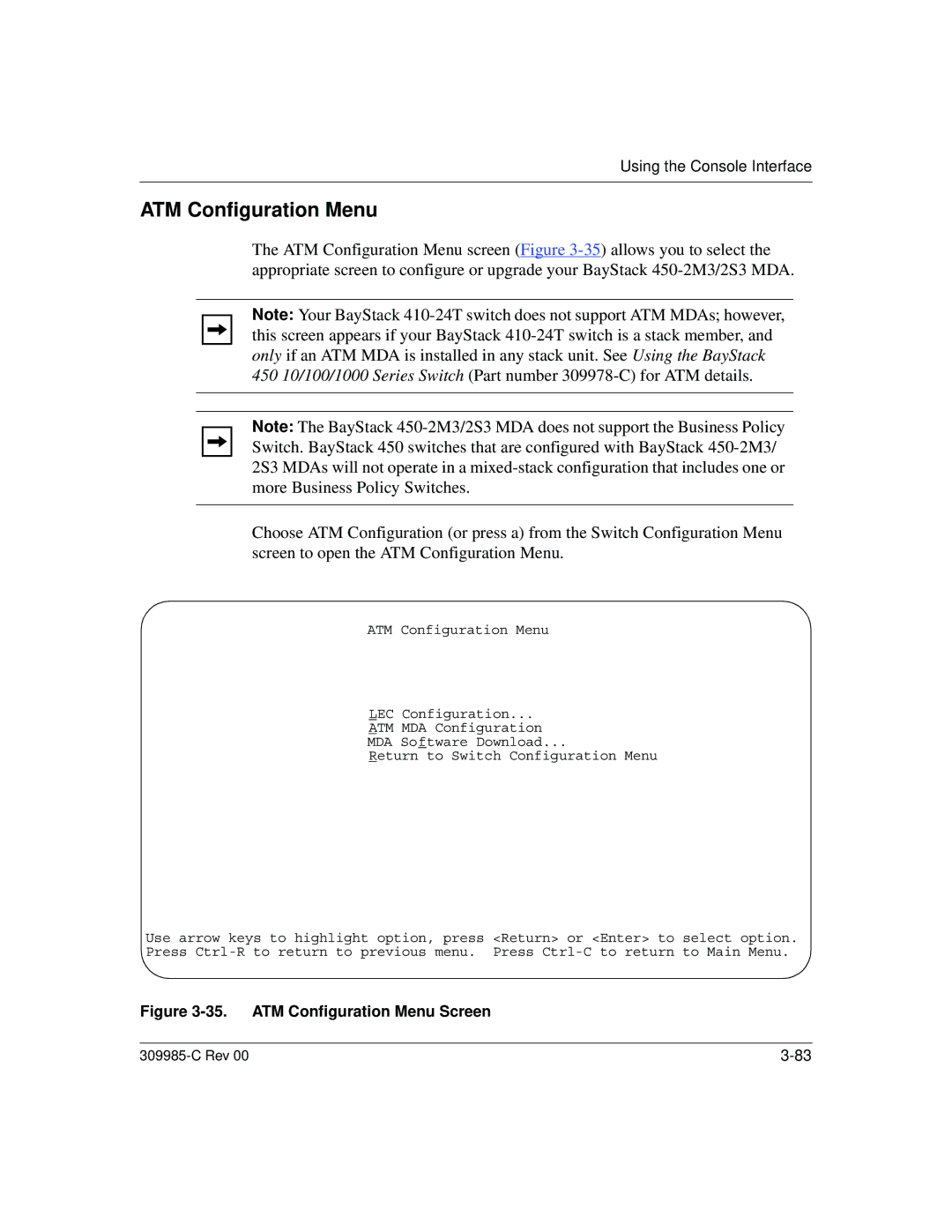 Nortel Networks 10BASE-T manual ATM Configuration Menu Screen 