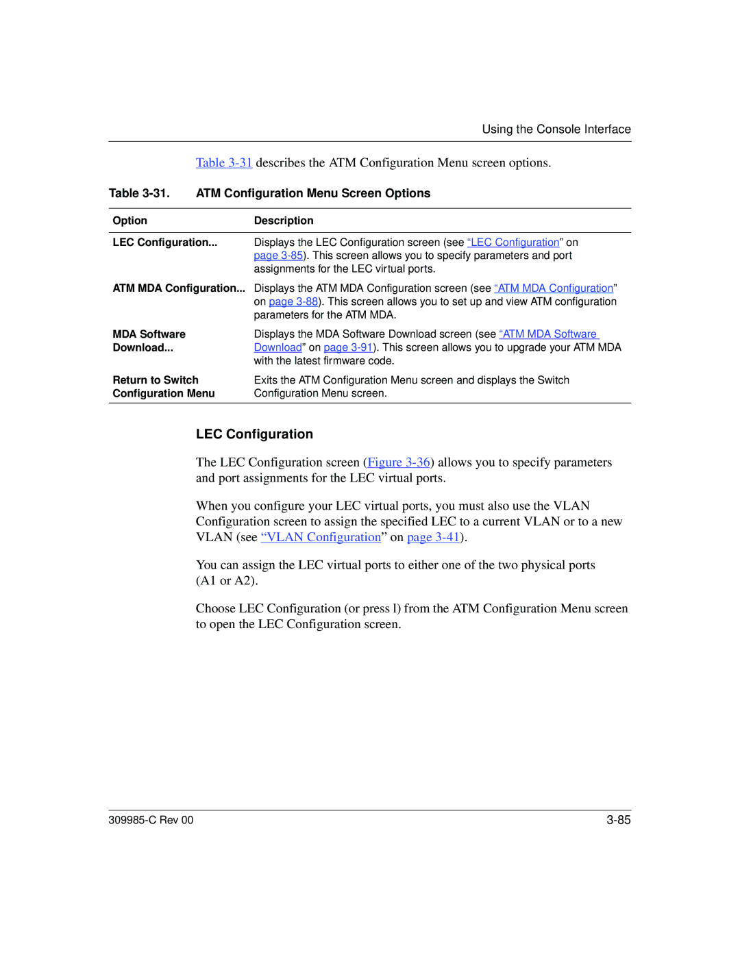 Nortel Networks 10BASE-T describes the ATM Configuration Menu screen options, LEC Configuration, MDA Software, Download 