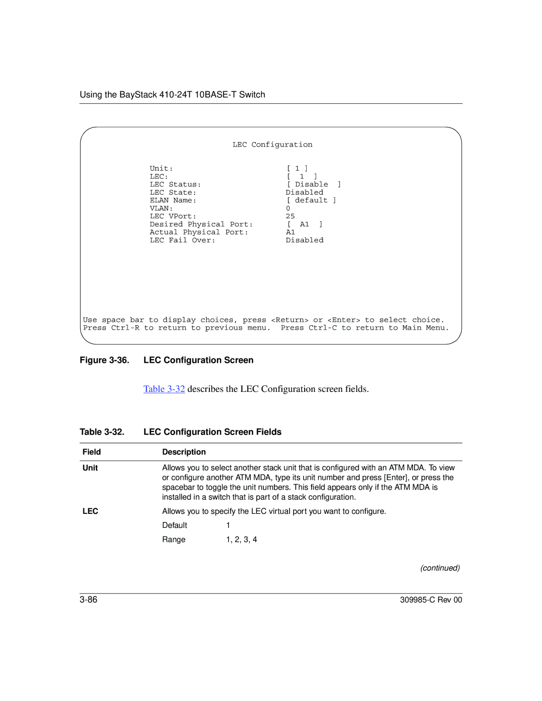 Nortel Networks 10BASE-T manual describes the LEC Configuration screen fields, LEC Configuration Screen Fields 